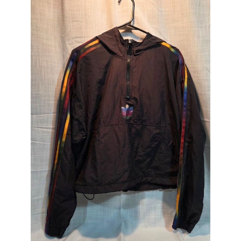 Adidas Originals Black Rainbow 3 Stripe Hooded Windbreaker Jacket Size L
